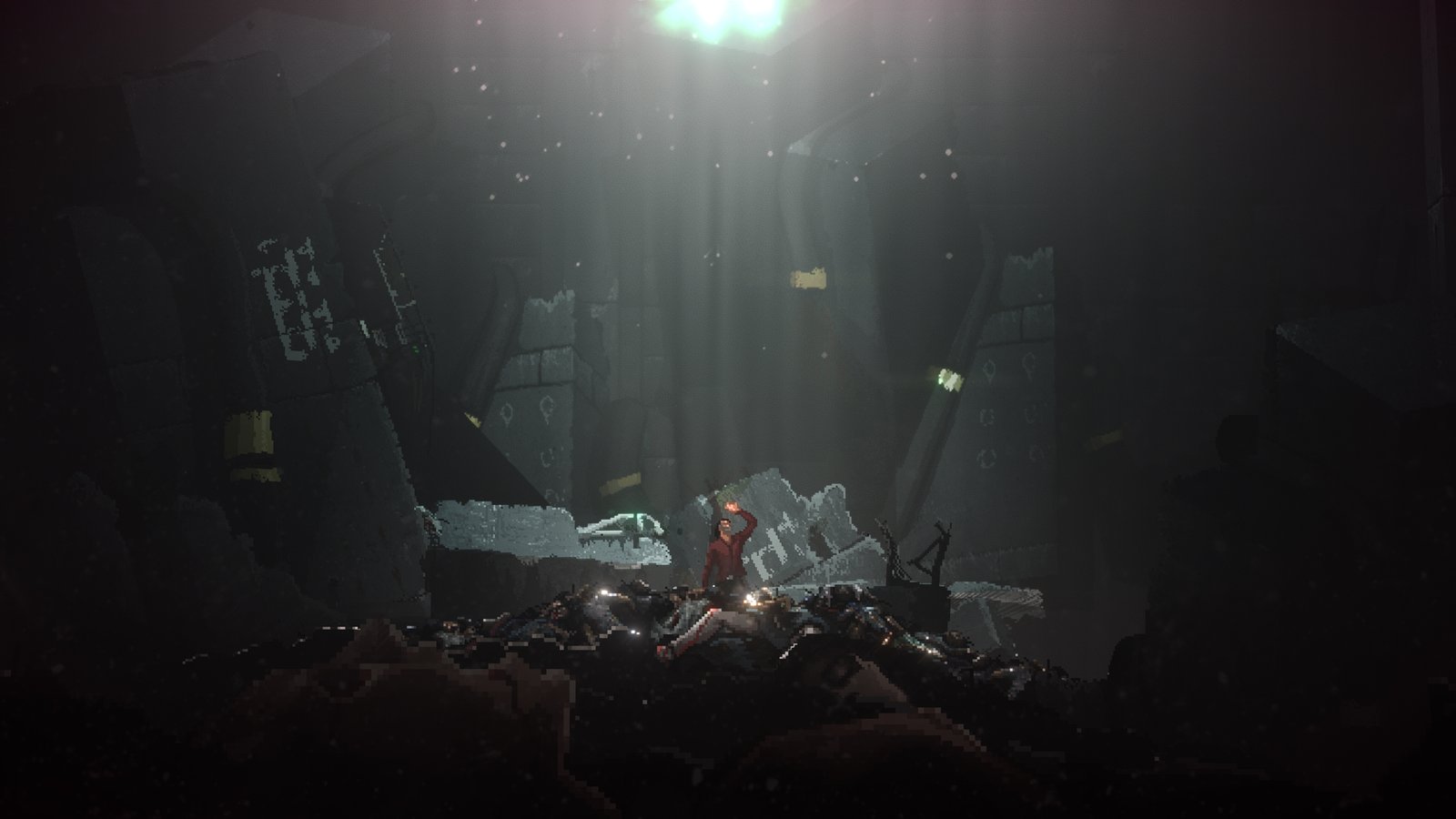 2.5d artwork showing a character standing in a shard of light on top of a pile of rubble